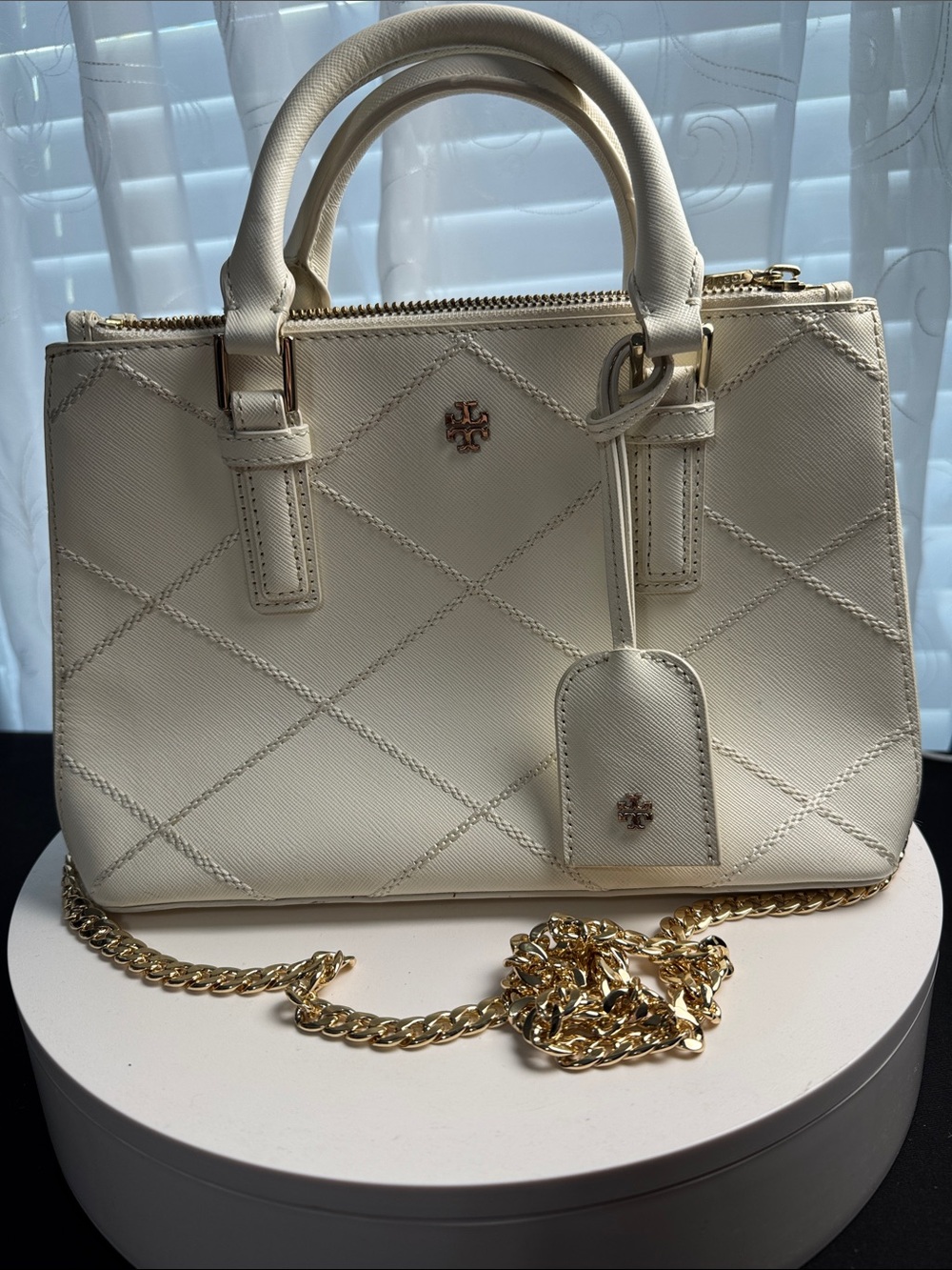 Tory Burch Cream Quilted Satchel with Gold Chain Strap